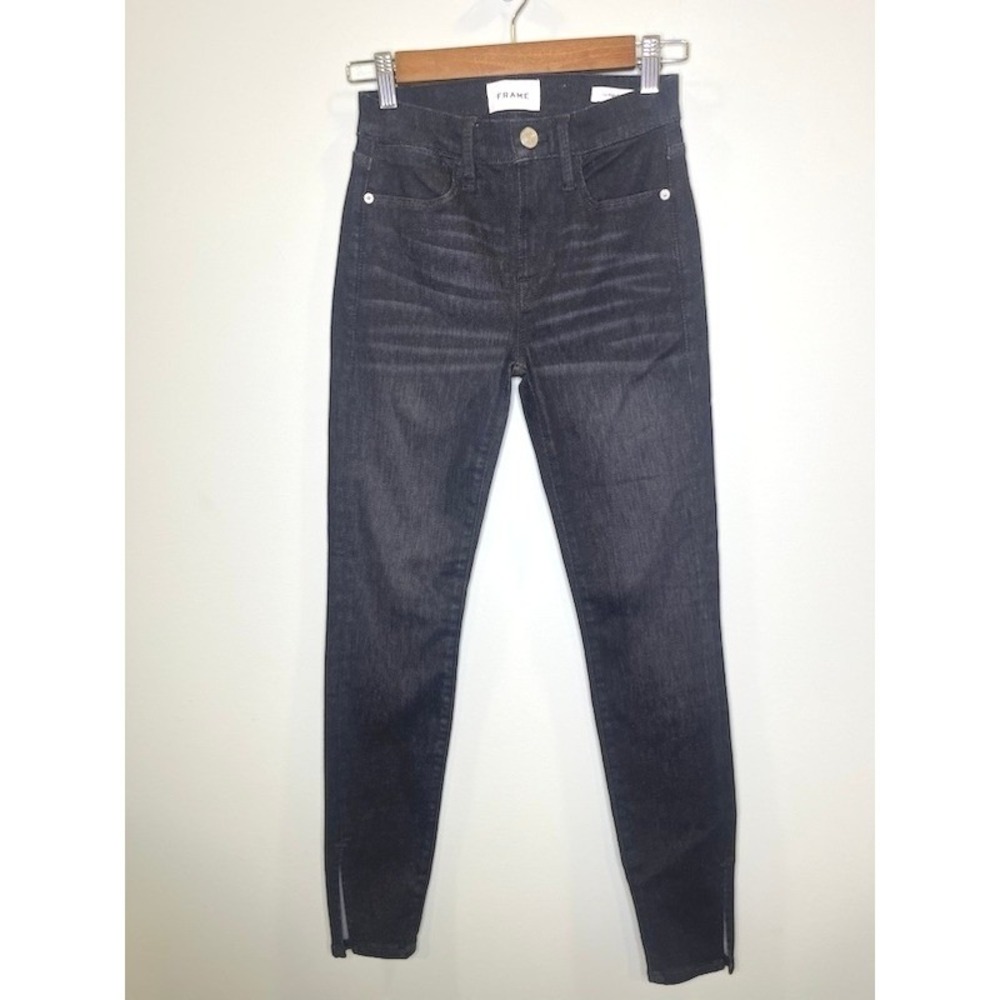 FRAME Le High Skinny Jeans Corvo Slit Black High Rise Stretch Denim Size 24 EUC
